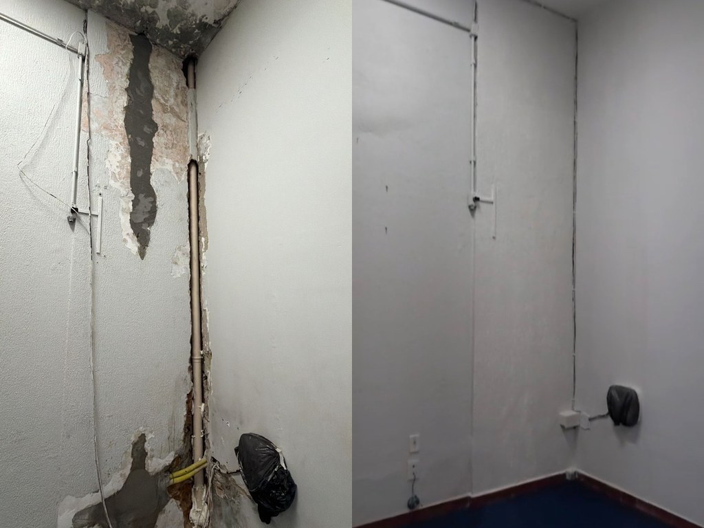 Antes e depois de reparo e pintura de parede em Mogi das Cruzes